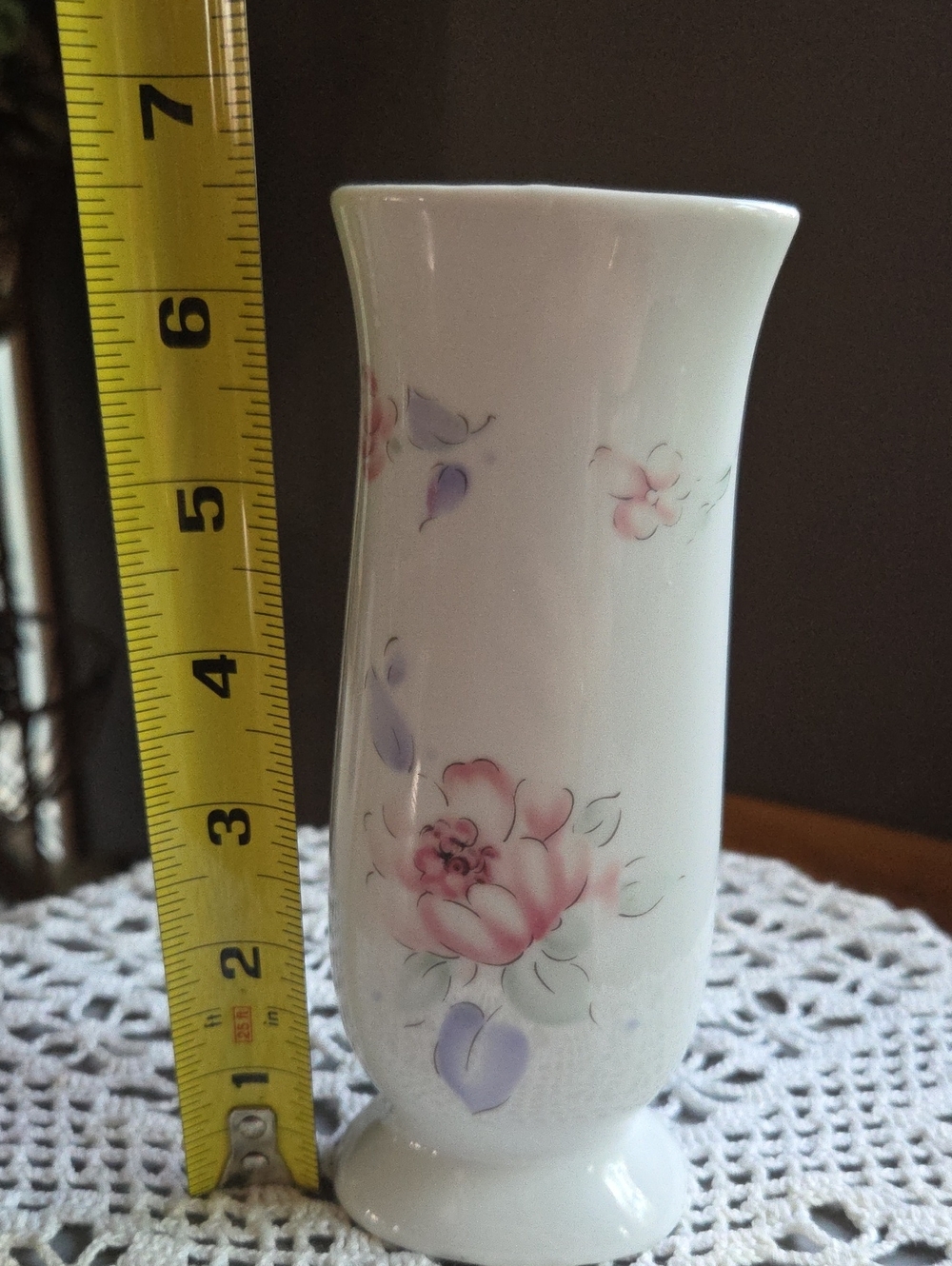 Porcelain Floral Bud Vase in White with Pink and Lavender Accents